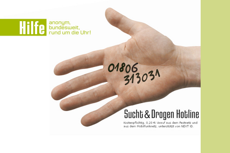 Screenshot von Website: ausgestreckte Hand mit Telefonnummer