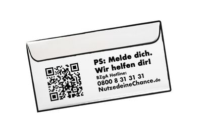 Kampagnengrafik: stilisierter Brief mit Aufschrift „PS: Melde dich!“